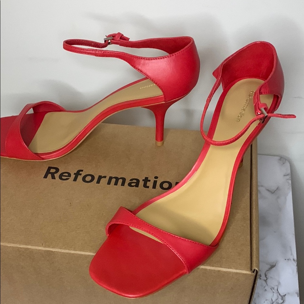Reformation Red Heels with Ankle Strap and Open Toe
